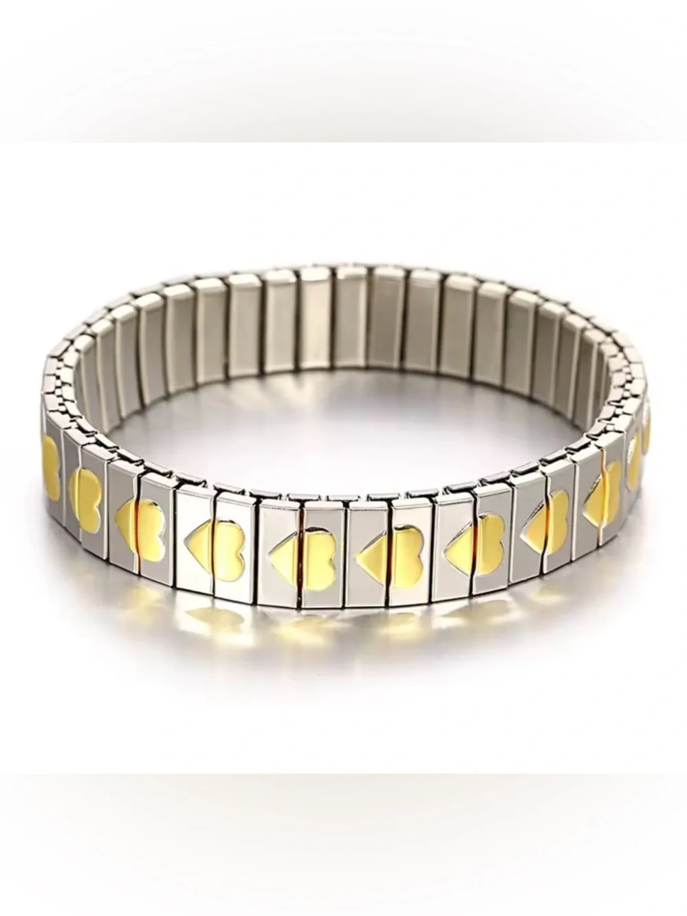 Silver Stretch Ring Bracelet with Gold Heart Accents